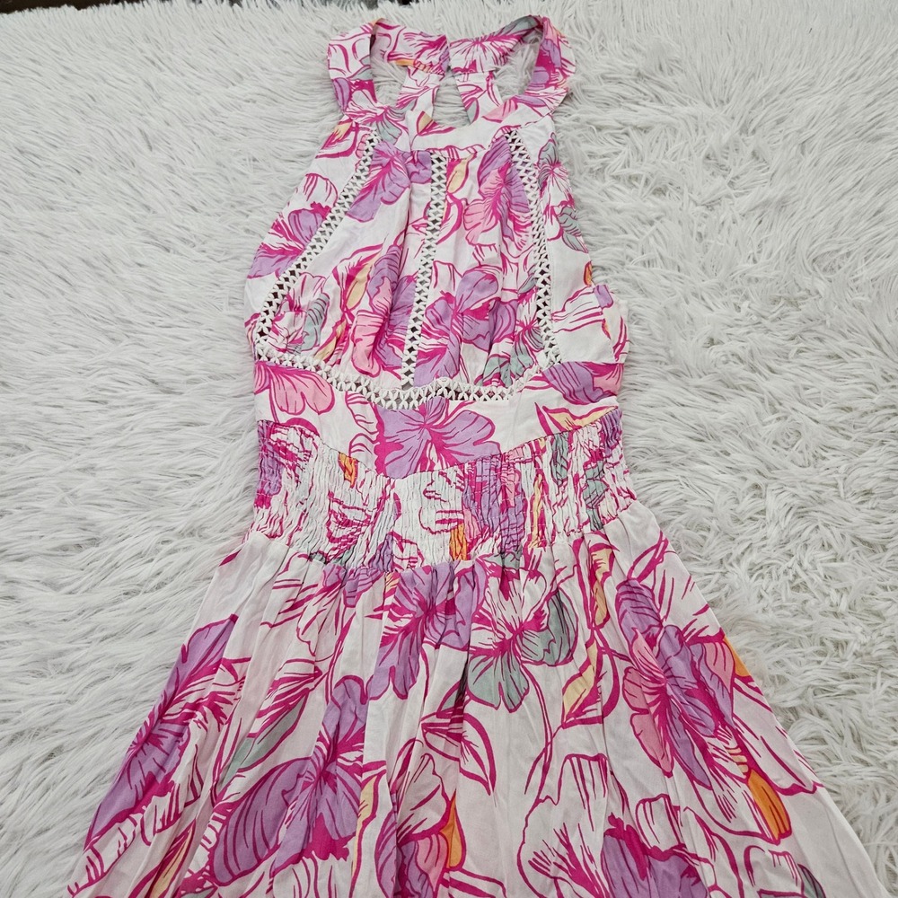 Abel the Label Pink Tropical Beachy Floral Halter Smocked Waist Maxi Dress Sz M - Picture 2 of 8